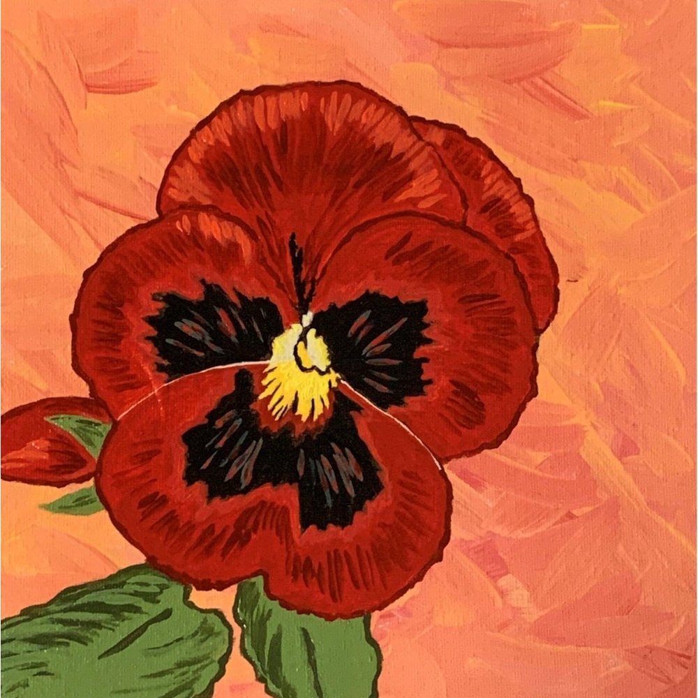 Red Hot Pansy, Original Acrylic Painting, 8 x 8